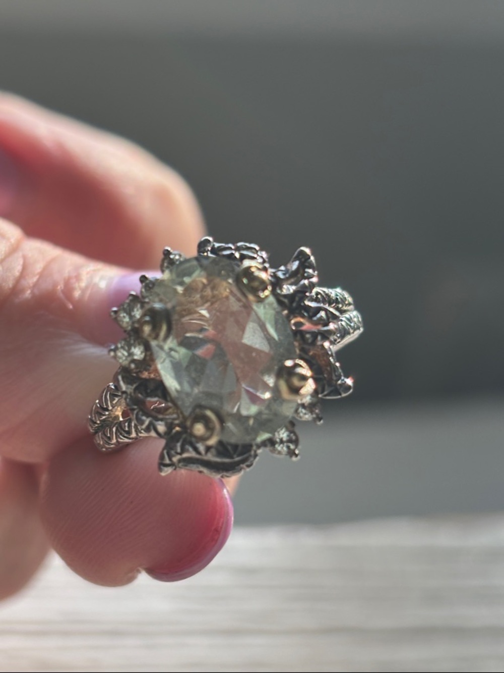 Barbara Bixby 925 Silver and 18k Ring with Pale Green Gemstone and Czs